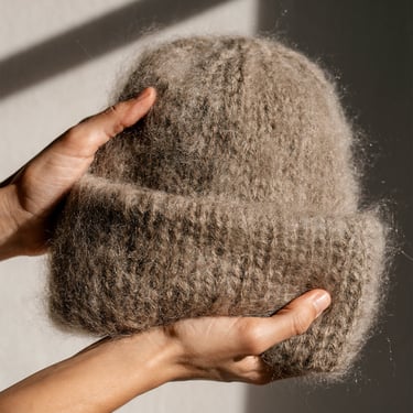 Chunky Mohair Beanie, Womens Winter Knit Hat, Taupe Brown Knit Hat, Fluffy Mohair Beanie, Soft Knit — The Brushed Mohair Beanie in Stone 