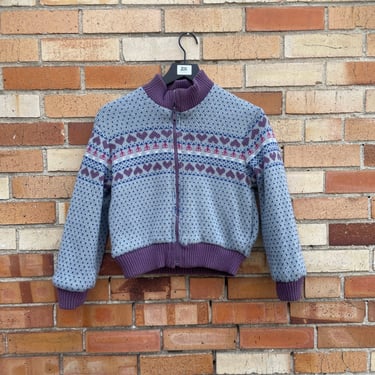 vintage 80s purple grey heart knit reversible bomber jacket / xs extra small 