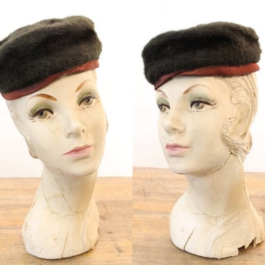 1950s faux fur hat | vintage tilt cap black pillbox 