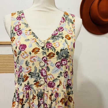 Hiss Honey Vintage 90s Cottage Floral Overall Button Pockets Midi Dress 