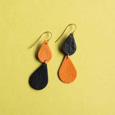 Asymmetrical Black+ Orange Teardrops - Reclaimed Leather Minimalist Earrings 