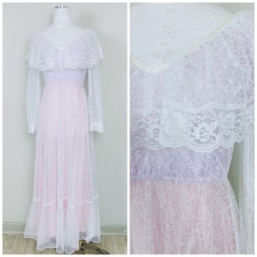 1970s Vintage Lace Trim Lavender Prairie Dress / 70s / Seventies Ruffled Romantic Victorian Maxi Gown / Size Small - Medium 