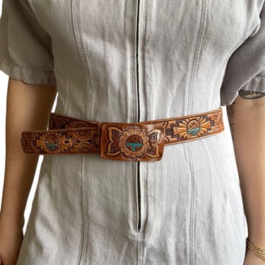 Vintage 90s Womens Brown Leather Western Aztec Hand Painted Hippy Belt Sz 36 