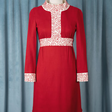 RARE Vintage 1960s S. Howard Hirsch of California Red Flax Dress with Winter White Trim and Red Squiggly Piping 