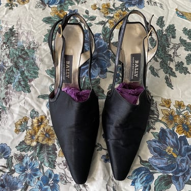 Vintage BALLY of Switzerland black silk slingbacks | pointy toe heels, marked 6 US 