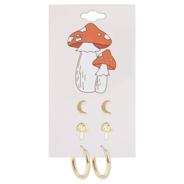 Gold Moon Mushroom Post Hoop Earring Set