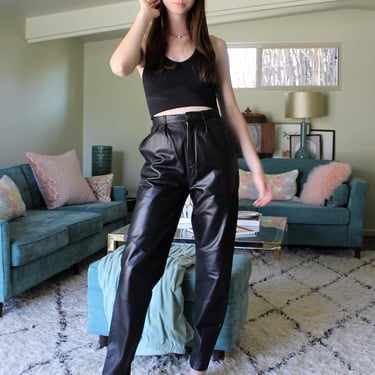 Leather Pants, Vintage 1980s Wilsons, S Women, Black Leather, High Waist 