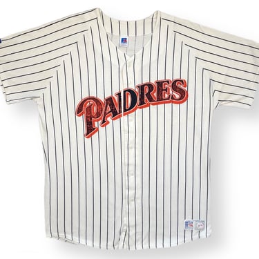 Vintage 90s Russell Athletic San Diego Padres Baseball Pinstripe MLB Button Up Jersey Shirt Size Large/XL 