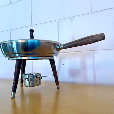 Vintage 1960s Stainless Steel + Teak Saucepan with Stand and Warming Lamp 