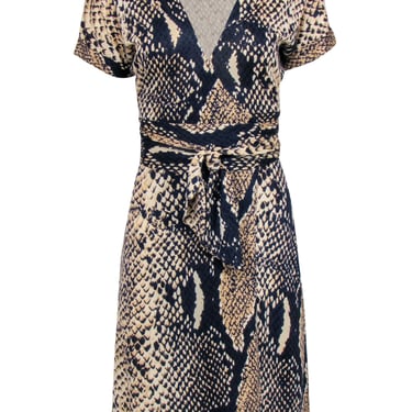 Diane von Furstenberg - Navy & Tan Snake Print Silk Wrap Dress Sz 4