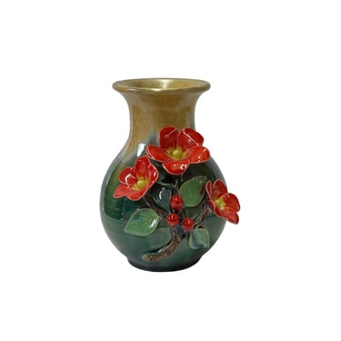 Chinese Green Tan Glaze Dimensional Red Flower Holder Pot Vase ws3372E 