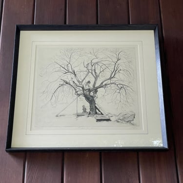 Sheldon Fink Artist Proof Etching the apple tree house Vintage Drawing Kids Climbing Tree 