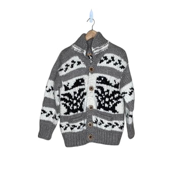 Vintage Cowichan Thunderbird Whale Wool Chunky Cardigan Sweater 