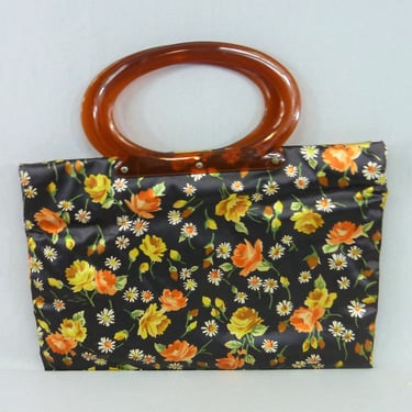 70s Foldover Snap Tote Bag - Black Vinyl w/ Roses & Daisies in Orange Yellow Green Brown - Vintage 1970s Handbag Purse 