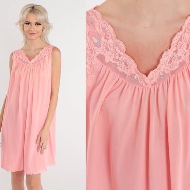 Pink Nightgown Dress 70s Lace Trim Slip Lingerie Floral Embroidered Mini Nightie Nylon Tent Flowy Romantic Sleeveless Vintage 1970s Medium M 