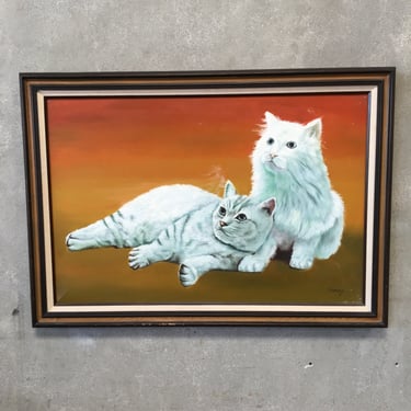 Vintage Two White Cats Painting Signed Sydney
