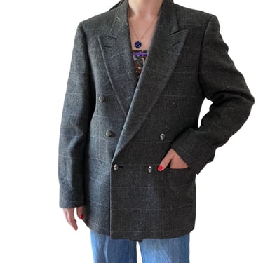 Vintage Oscar de la Renta Double Breasted Wool Tweed Sport Coat Gray Blazer 