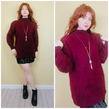1990s Vintage Ecco Ecco Ecco Maroon Angora Sweater / 90s Knit Fuzzy Nylon / Wool Oversized Tunic Jumper / Size Small - Medium 