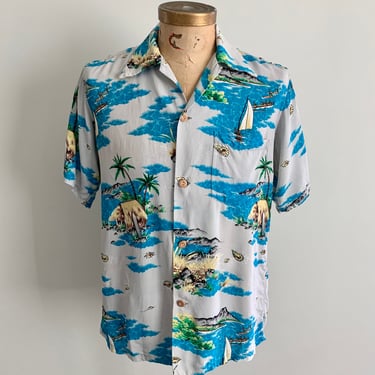 Pali Hawaiian Style 1950s rayon crepe scenic print shirt-size S 