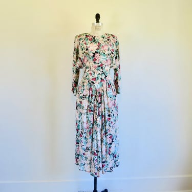 1980's Floral Rayon Print Midi Dress Bat Wing Sleeves Romantic Cottagecore Garden Party 80's Spring Summer Carol Anderson 28" Waist Small 