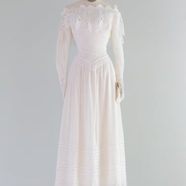 Vintage 1980s NOS Romantic Cotton Lace Midi Length Wedding Dress by Jessica McClintock / Medium