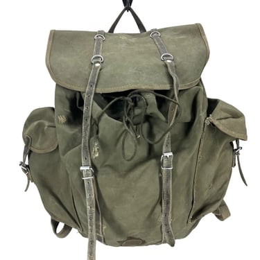 Vintage 50s 60s German Military Green Canvas Leather Backpack Rucksack Army