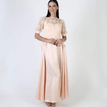 Victorian Peach Lace Bridal Dress / Sheer Peplum Wedding Gown / Floral Bridesmaids Outfit 