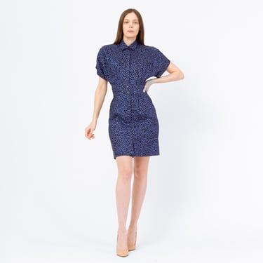 Vintage 90s Blue & Black Linen Mini Shirtdress - Small | Ann Tjian Kenar Collared Button Front Short Sleeve Sheath Dress 