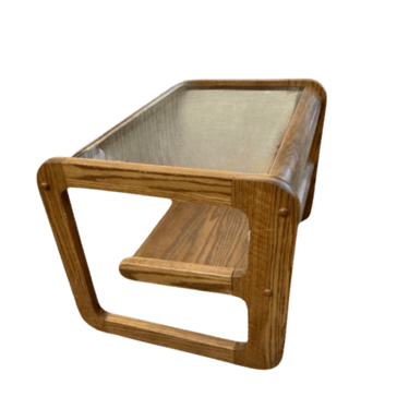 1980s Lou Hodges Style Mid-Century Modern Small Oak Coffee Table With Inset Glass Top