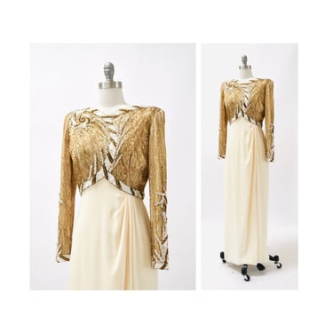 80s 90s Vintage BOB MACKIE White Cream Beaded Gold Sequin Gown Dress Size Small// Vintage Wedding Gown Beaded Long Sleeve Pageant Dress 