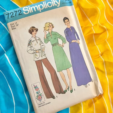 Vintage Simplicity Sewing Pattern, Embroidery Caftan Maxi, Flare Leg Pants, Dress, Tunic Top, Wide Legs, Hippie Complete with Instructions 