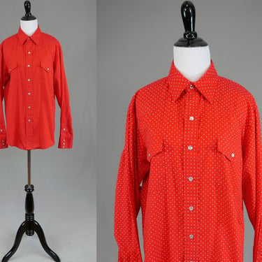 80s Red Shirt w/ Small White Polka Dots - Pearl Snap Front & Cuffs - Long Sleeve - Malco Modes Western - Vintage 1980s - 16 44
