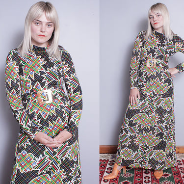 Vintage 1970's | Geometric Pattern | Abstract | Boho | Long Maxi | Dress | XS 