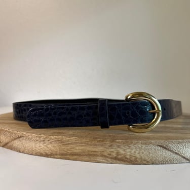 Vintage Midnight Blue Black Vegan Leather Snake Skin Gold Buckle Belt Size S/M 
