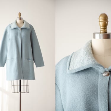blue wool coat | 90s plus size vintage Geiger Austrian light blue wool knit cottagecore sweater jacket 