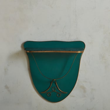 Mounted Green Leather + Brass Console with Marble Top, Italy 1960s