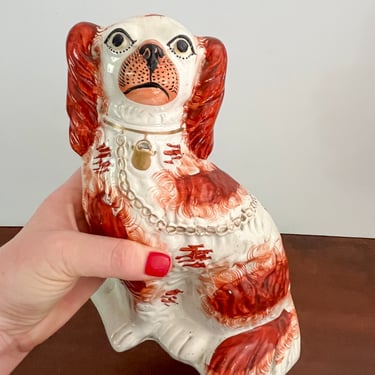 Antique Rust Colored Spaniel Staffordshire Dog. Large Red and White Ceramic English Mantel Dog. English Porcelain Spaniel Wally Dogs. 