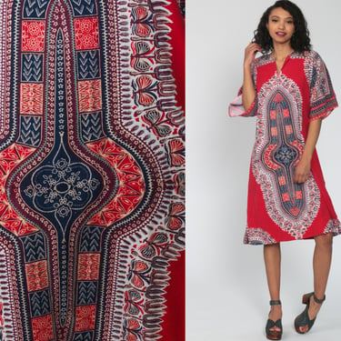 Dashiki Dress Boho African Dress Hippie Ethnic Midi Wide Sleeve 70s Batik Print Cotton Red Caftan 1970s Bohemian Vintage Medium 