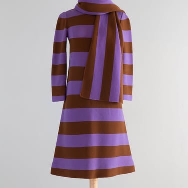 Ultra Chic 1960's Lavender Striped Knit Dress With Matching Scarf / SM