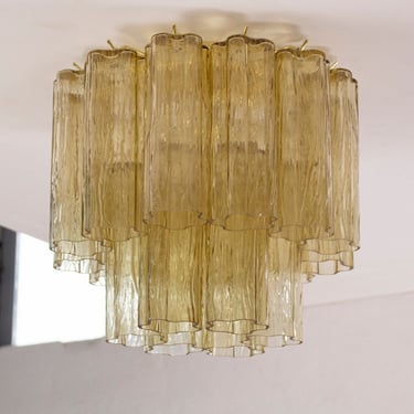 Plafoniera con vetri di Murano Tronchi colore pagliesco, lampadario soffitto diametro 35 cm design stile vintage Made in Italy 