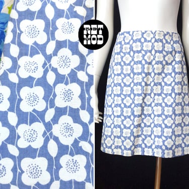 Super Cute Vintage 60s 70s Pastel Blue White Flower A-Line Skirt with Back Pocket 