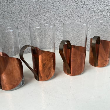 Vintage MCM brutalist set 3 tall tumbler glasses with copper wrap handle size 5.5” x 2.5” 