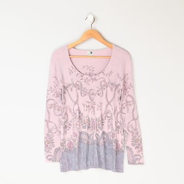 Vintage Y2k Pink Patterned Long-Sleeve Knit Top - 2000s clothing, hippie, pastel - Women's XL 