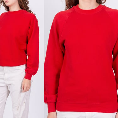 80s 90s Bright Red Raglan Sweatshirt - Unisex Medium | Vintage Slouchy Plain Pullover 