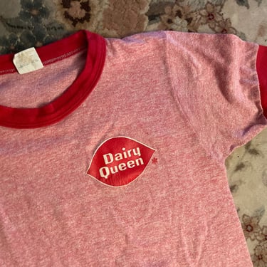 Vintage 1970’s Dairy Queen tshirt, pink & red ringer tee, ladies XS 