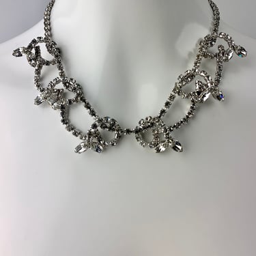 1950's Rhinestone Necklace - Swirl Design - Clear Crystals - All Prong Set - 15-1/2 Inch Choker Length 