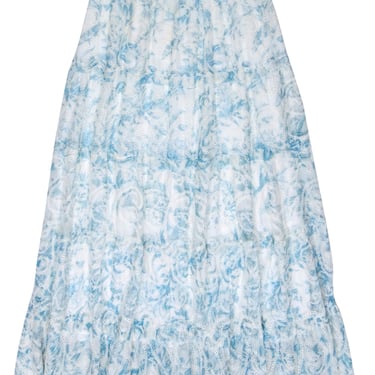 Alice & Olivia - White & Blue Embroidered Tiered Maxi Skirt Sz L