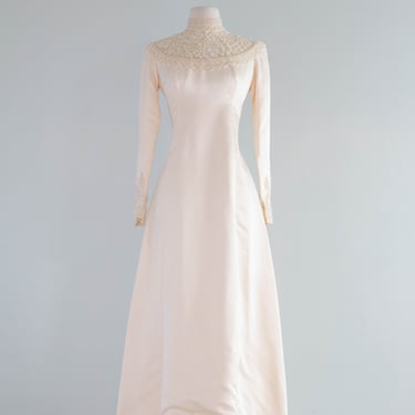 Elegant 1960's Ivory Silk Minimalist Empire Wedding Gown With Beading / SM