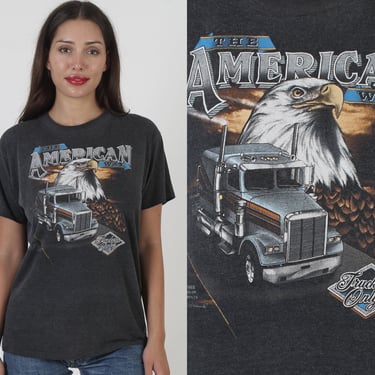 1985 Truckers Only T Shirt / The American Way Bald Eagle Graphic / Thin Black 50 50 Single Stitch / Vintage Truck Stop Tee 