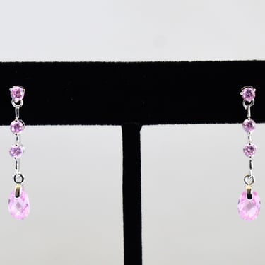 90's sterling tourmaline swinging bling post dangles, minimalist 925 silver round & teardrop pink gem earrings 